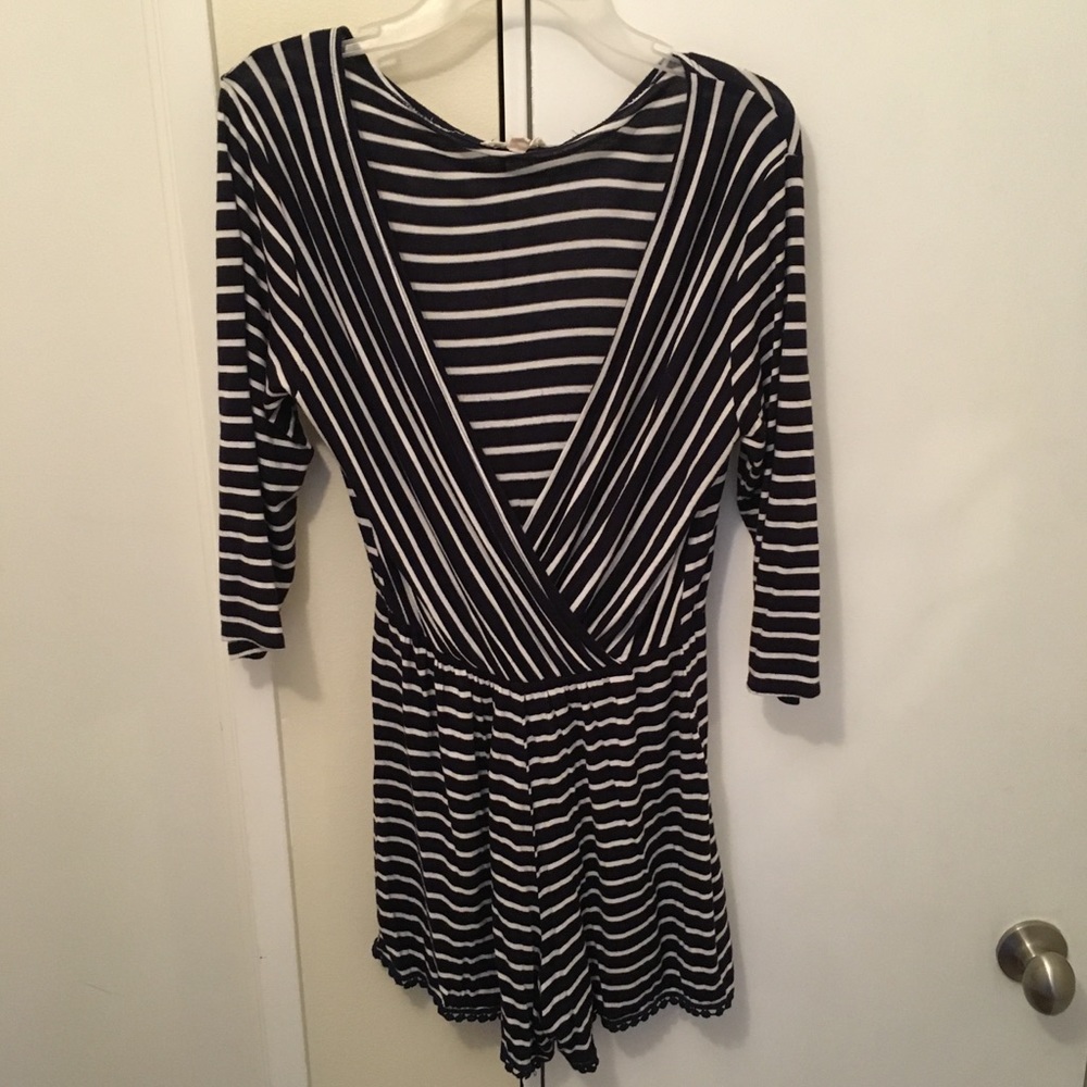Navy blue/white striped long sleeve romper LARGE